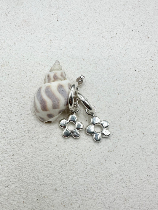 Chunky Flower Drop Charm Earrings Silver