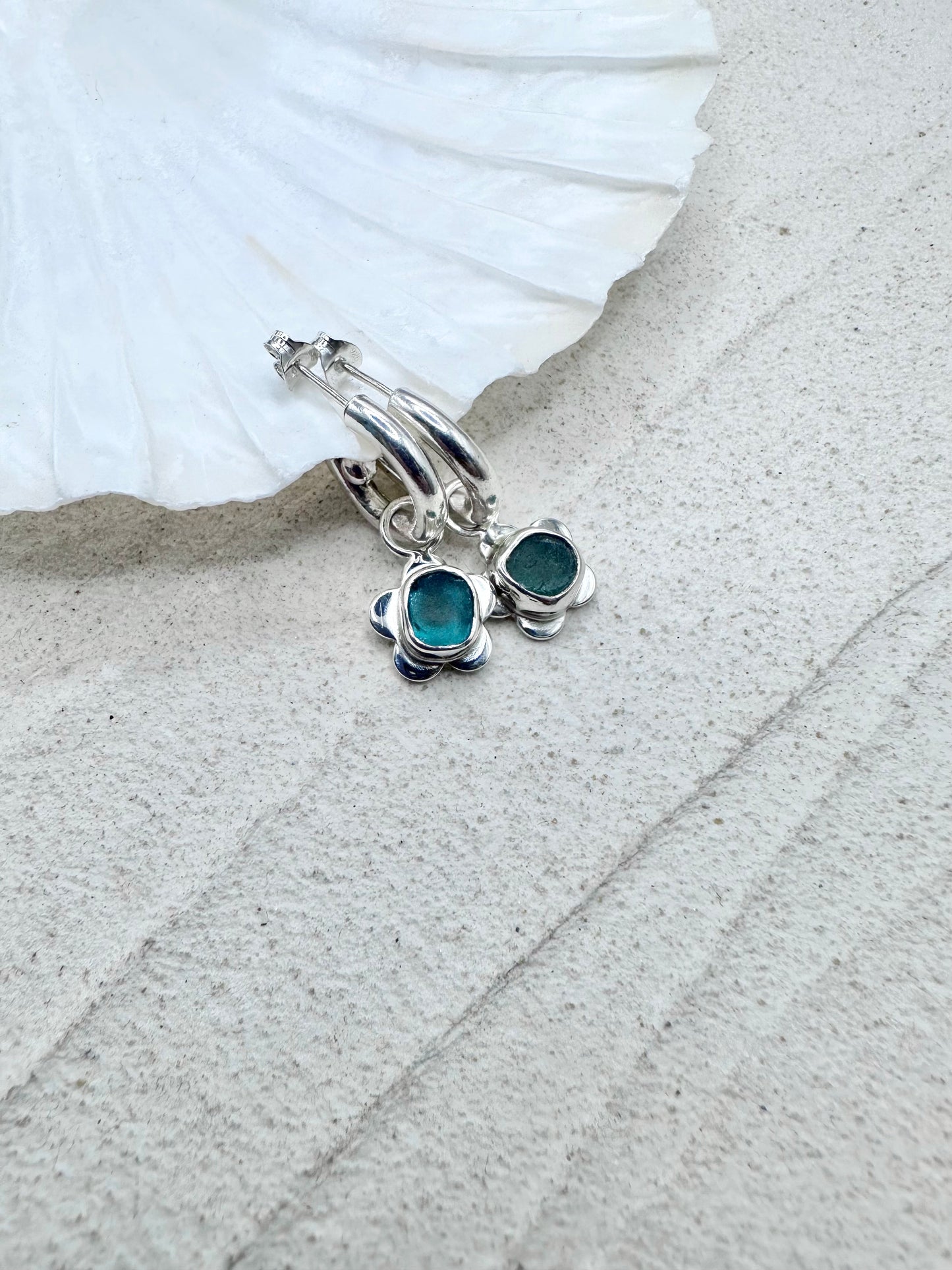Flower Seaglass Charms in Teal &  Light Blue
