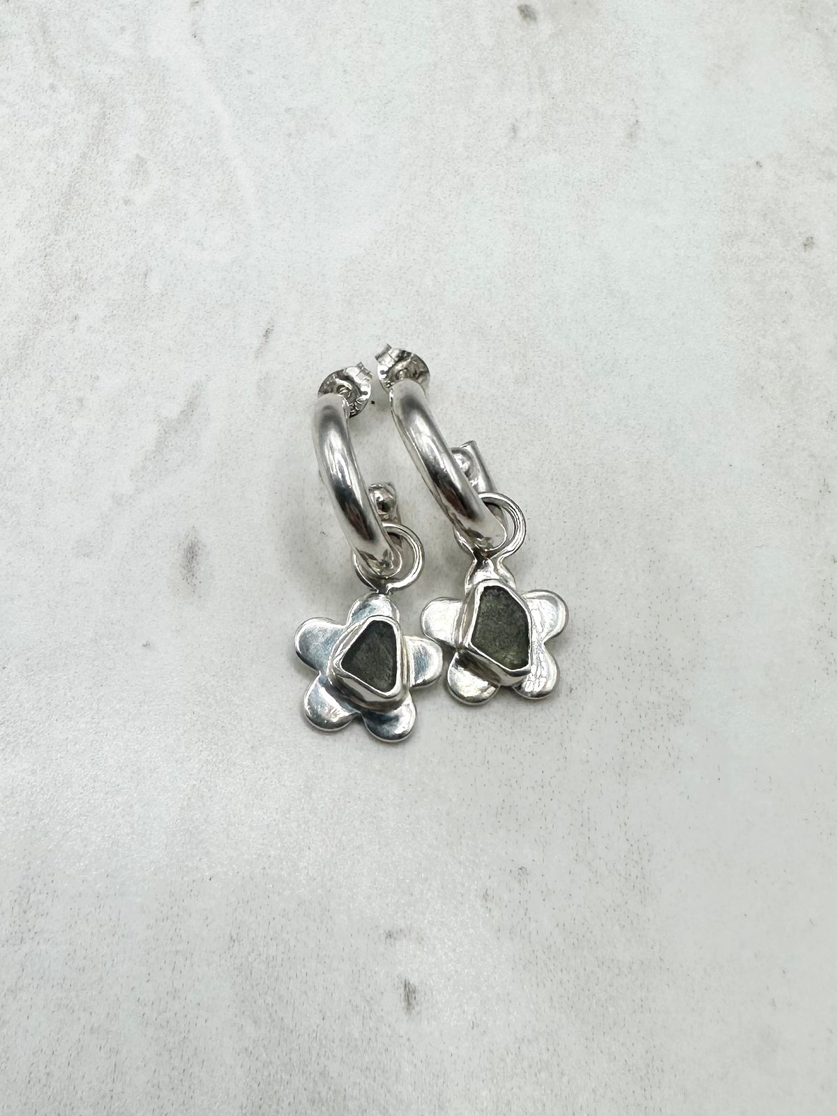 Green Seaglass Flower Charms Silver