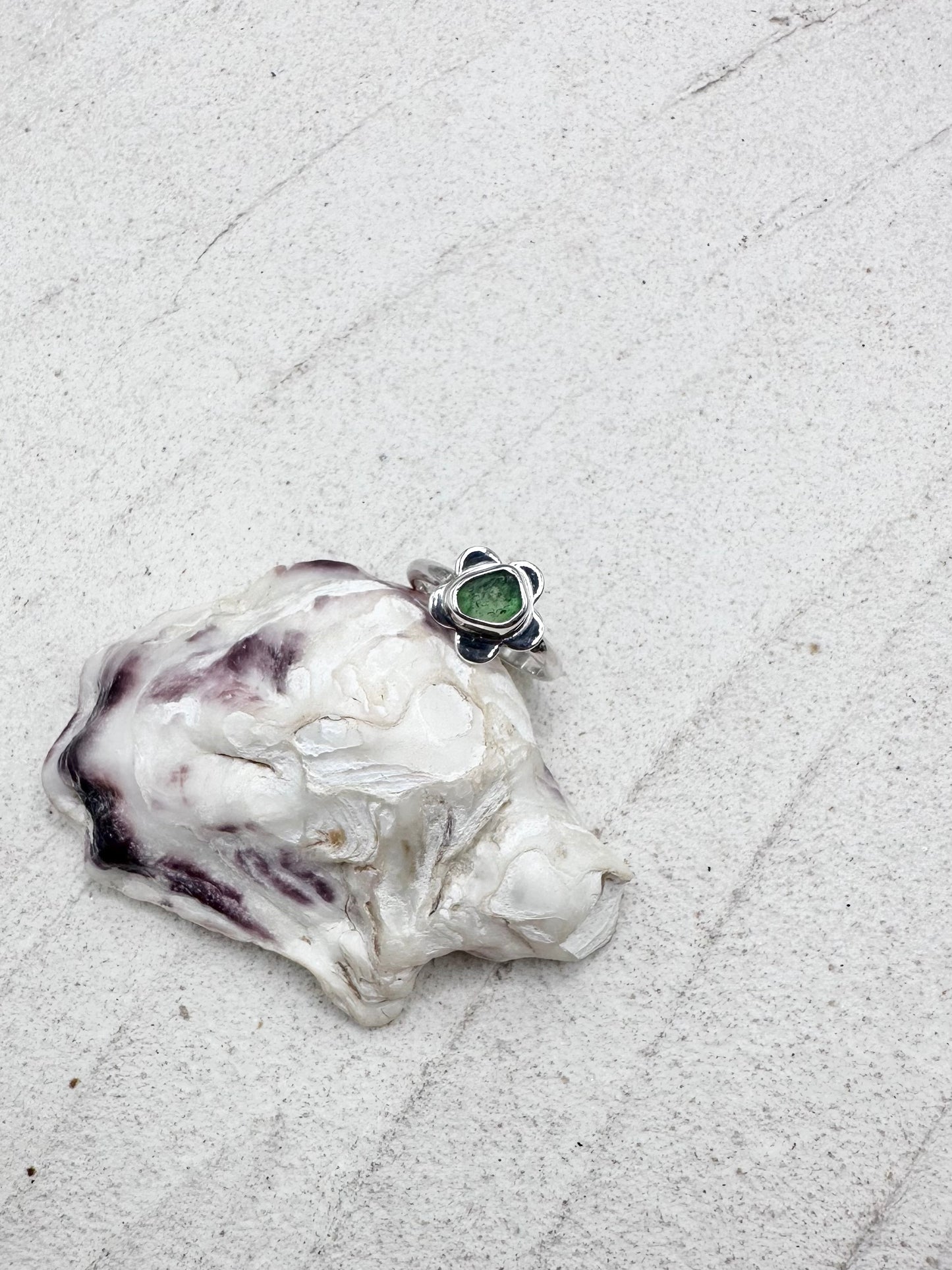 Green Seaglass Flower Ring Silver