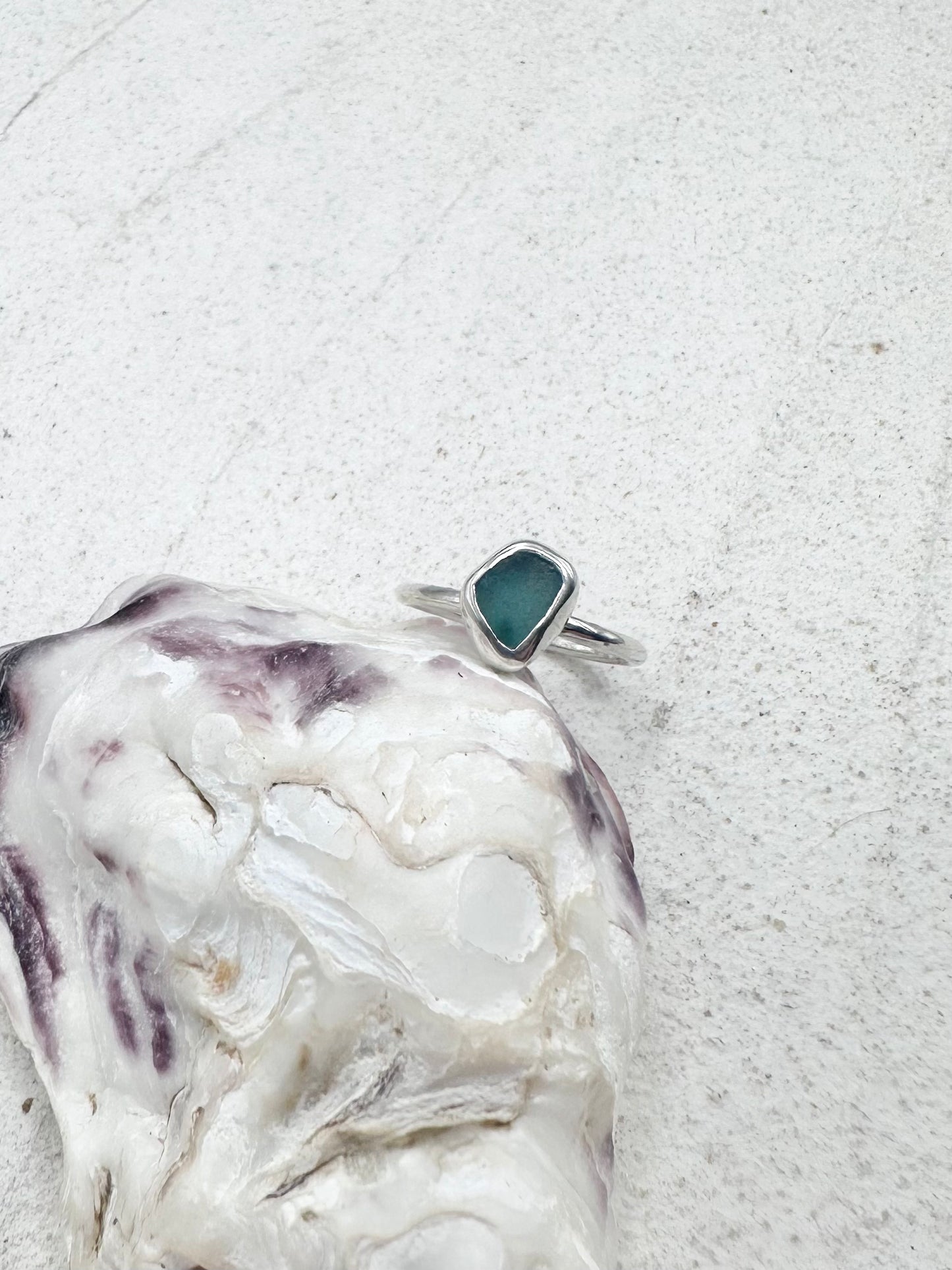 Teal Seaglass Ring Silver