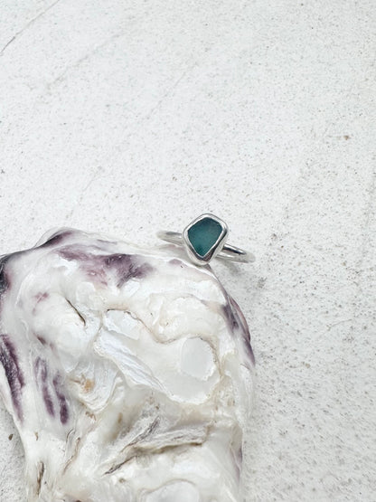 Teal Seaglass Ring Silver