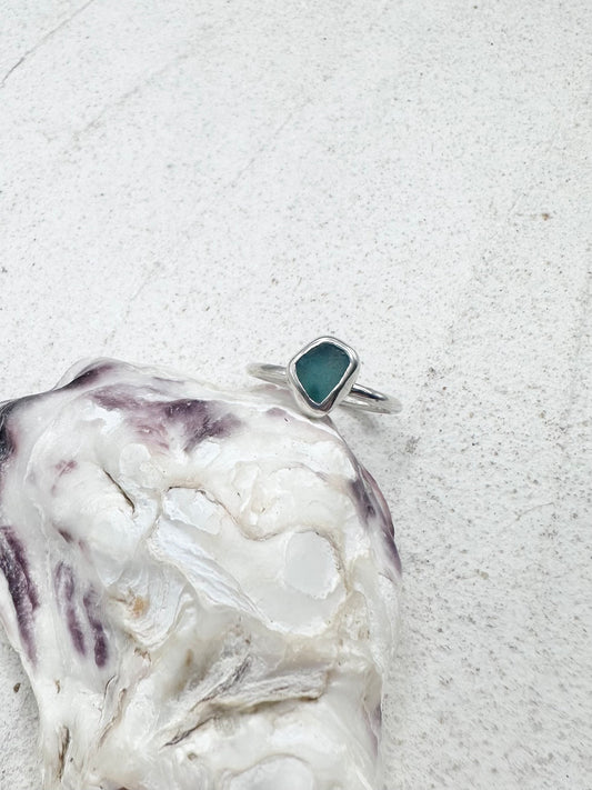 Teal Seaglass Ring Silver