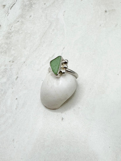 Frosted Green Seaglass Ring Silver - M