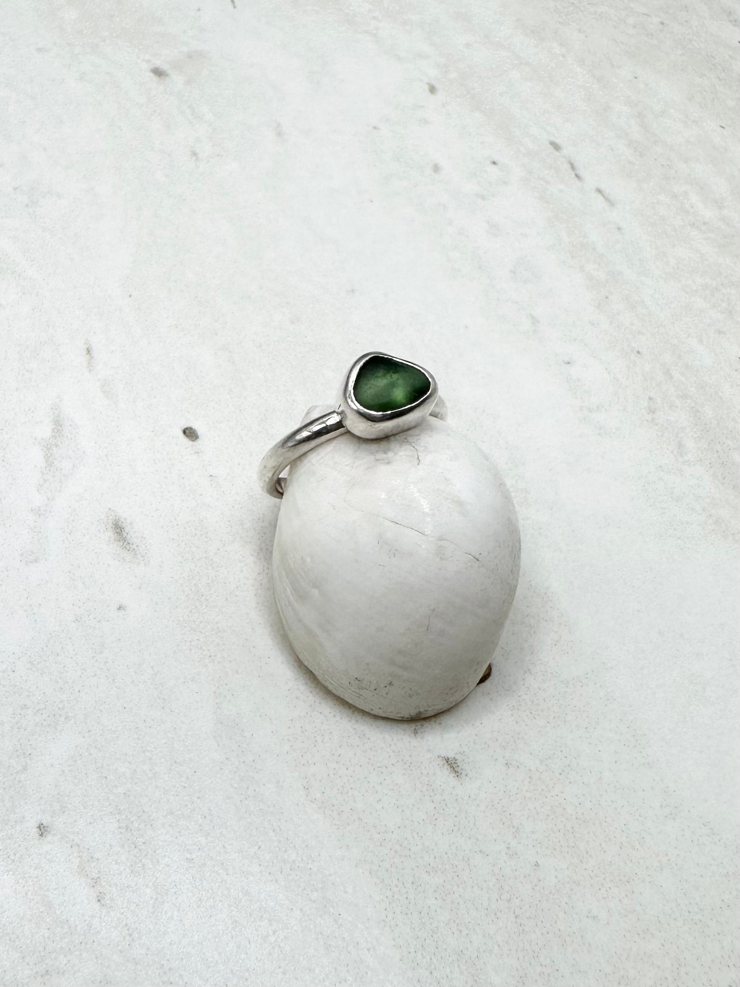 Green Seaglass Ring Silver - J