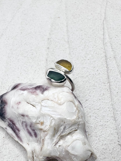 Teal & Yellow Seaglass Ring Silver