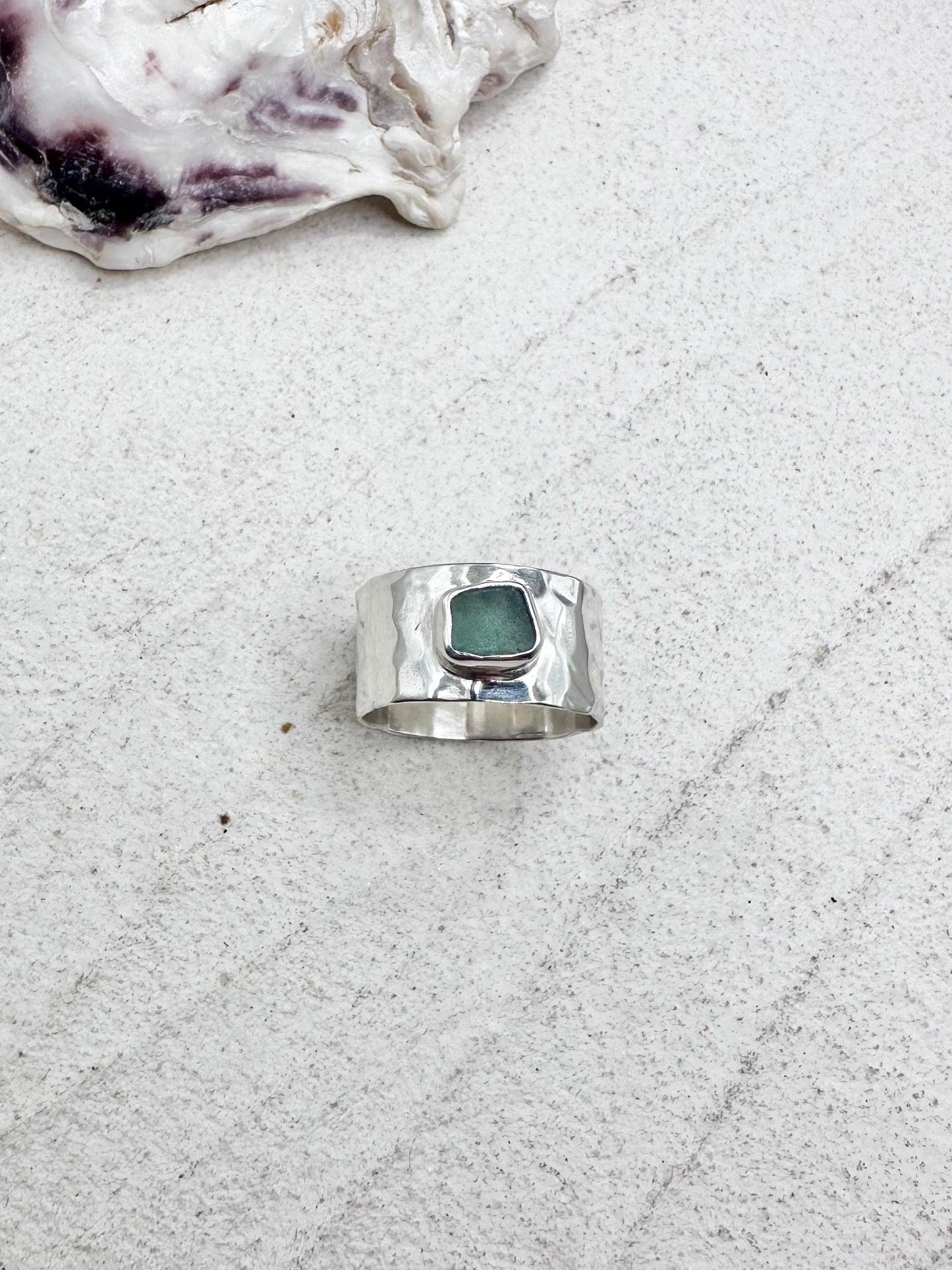 Teal Seaglass Ring Silver