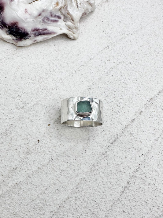 Teal Seaglass Ring Silver