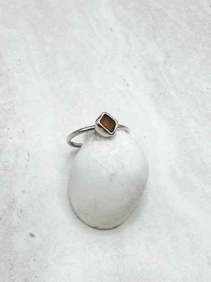 Amber Seaglass Ring Silver - L