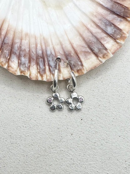 Chunky Flower Drop Charm Earrings Pink Sapphire