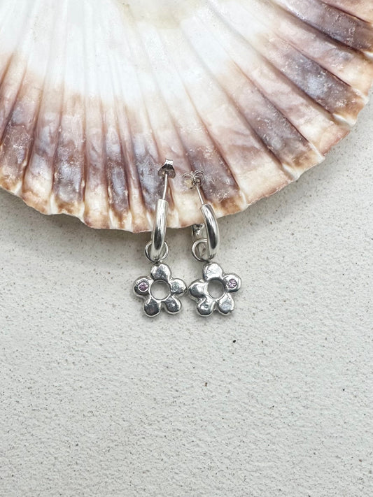 Chunky Flower Drop Charm Earrings Pink Sapphire