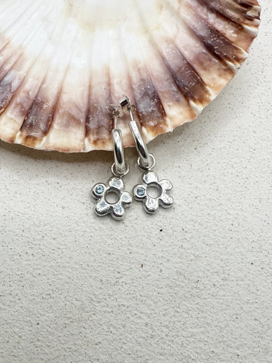 Chunky Flower Drop Charm Earrings Blue Sapphire