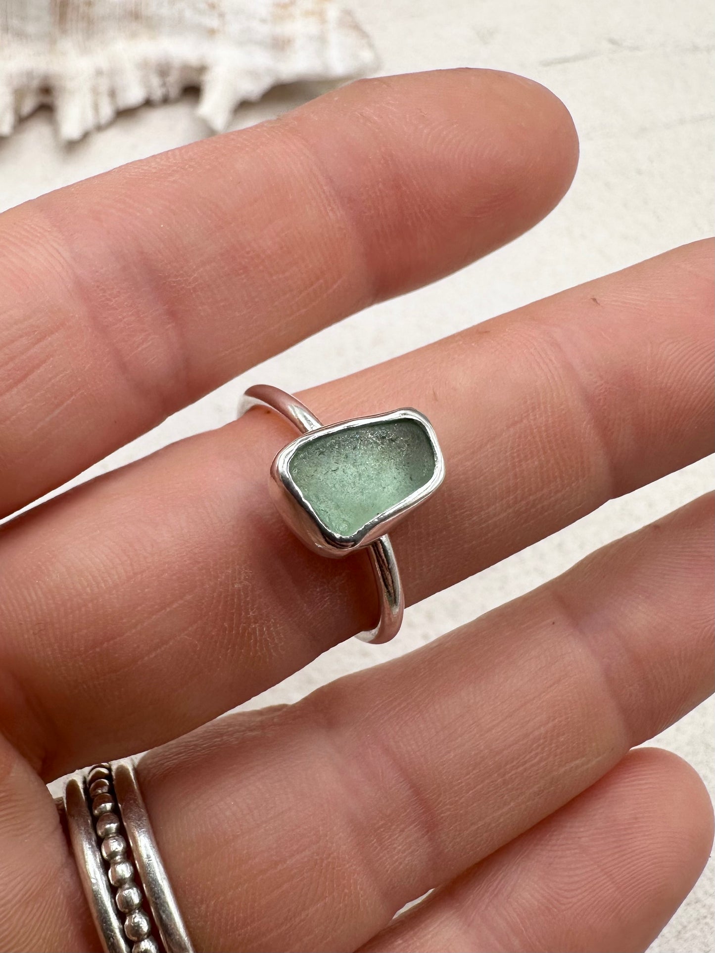 Silver Seaglass Ring in Light Blue