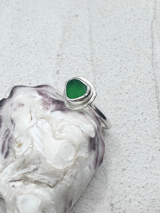 Green Seaglass Ring Silver