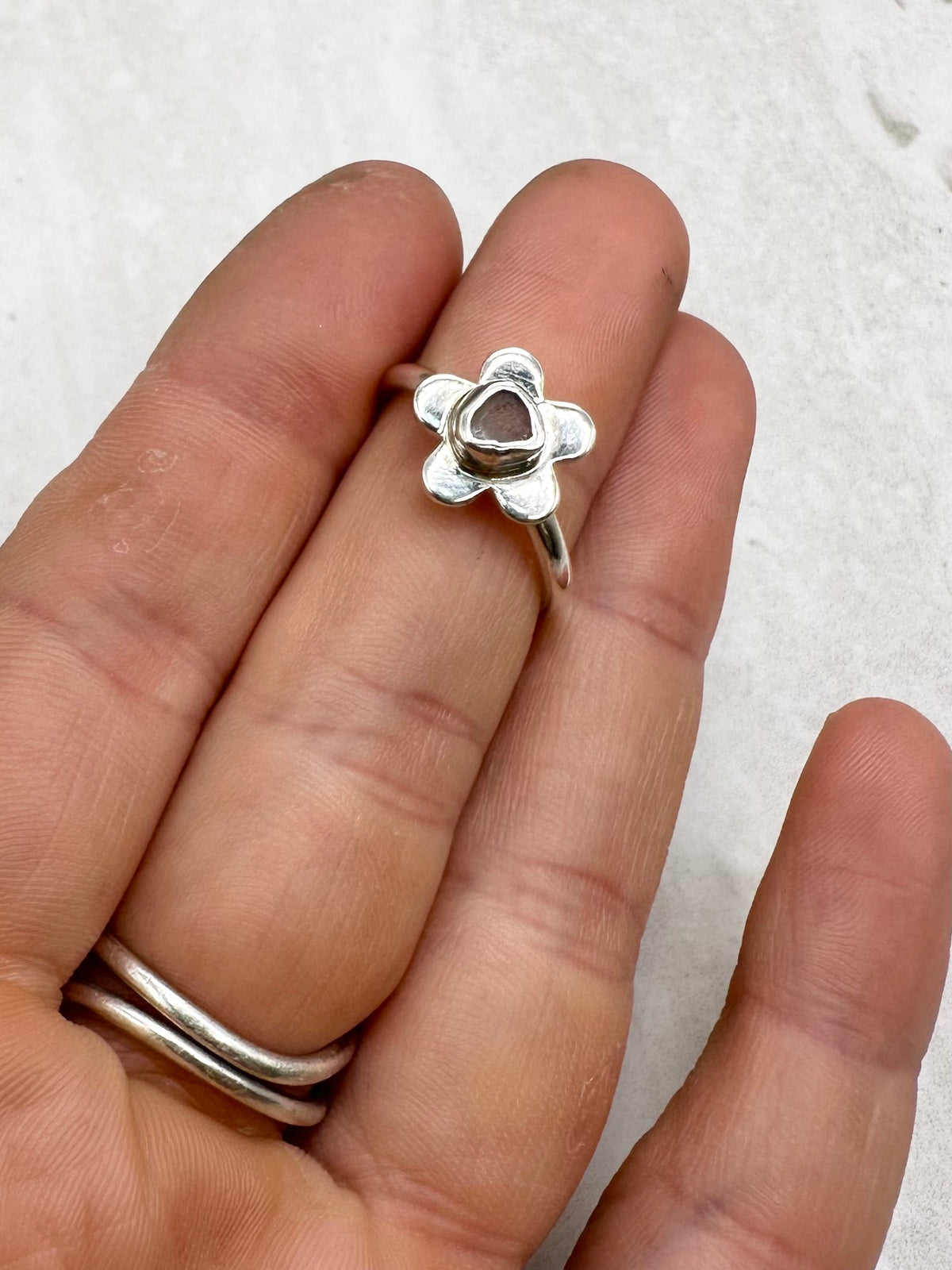Light Blue Seaglass Flower Ring Silver - M