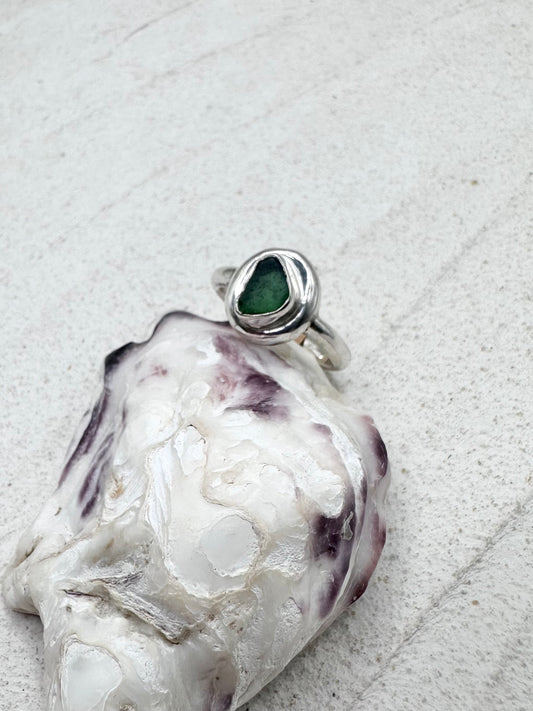 Teal Seaglass Ring Silver