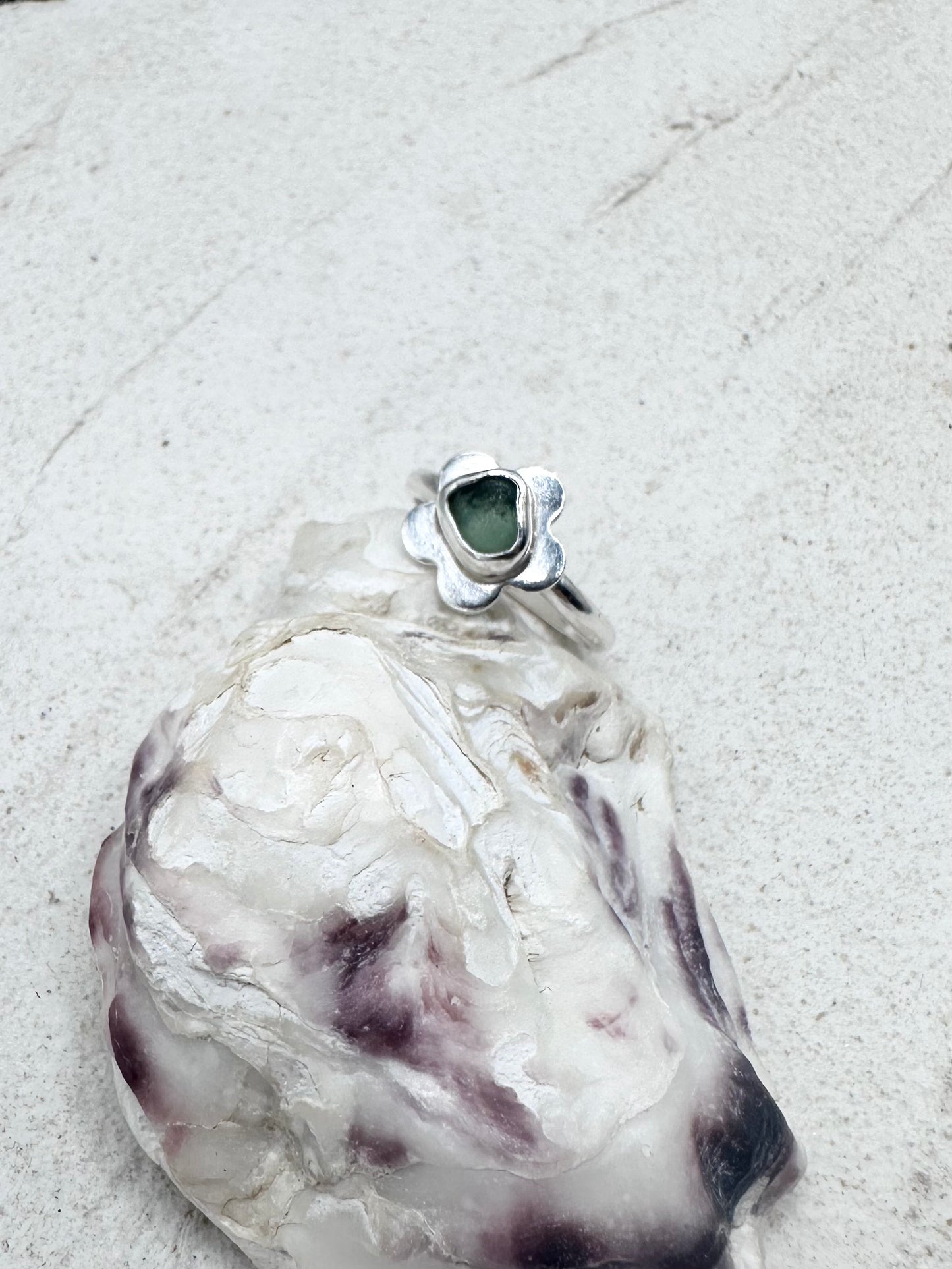 Green Seaglass Flower Ring Silver