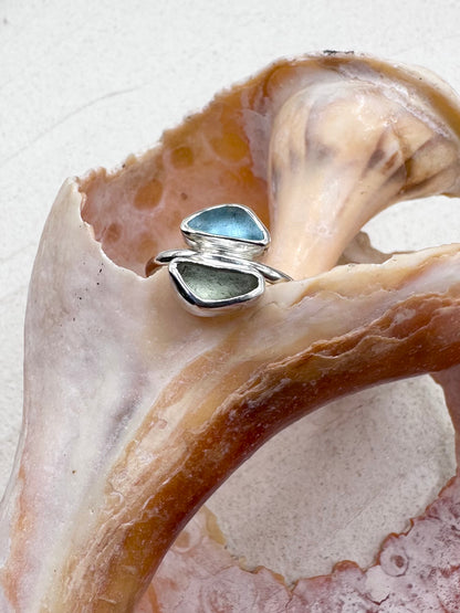 Silver Seaglass Ring in Green & Blue