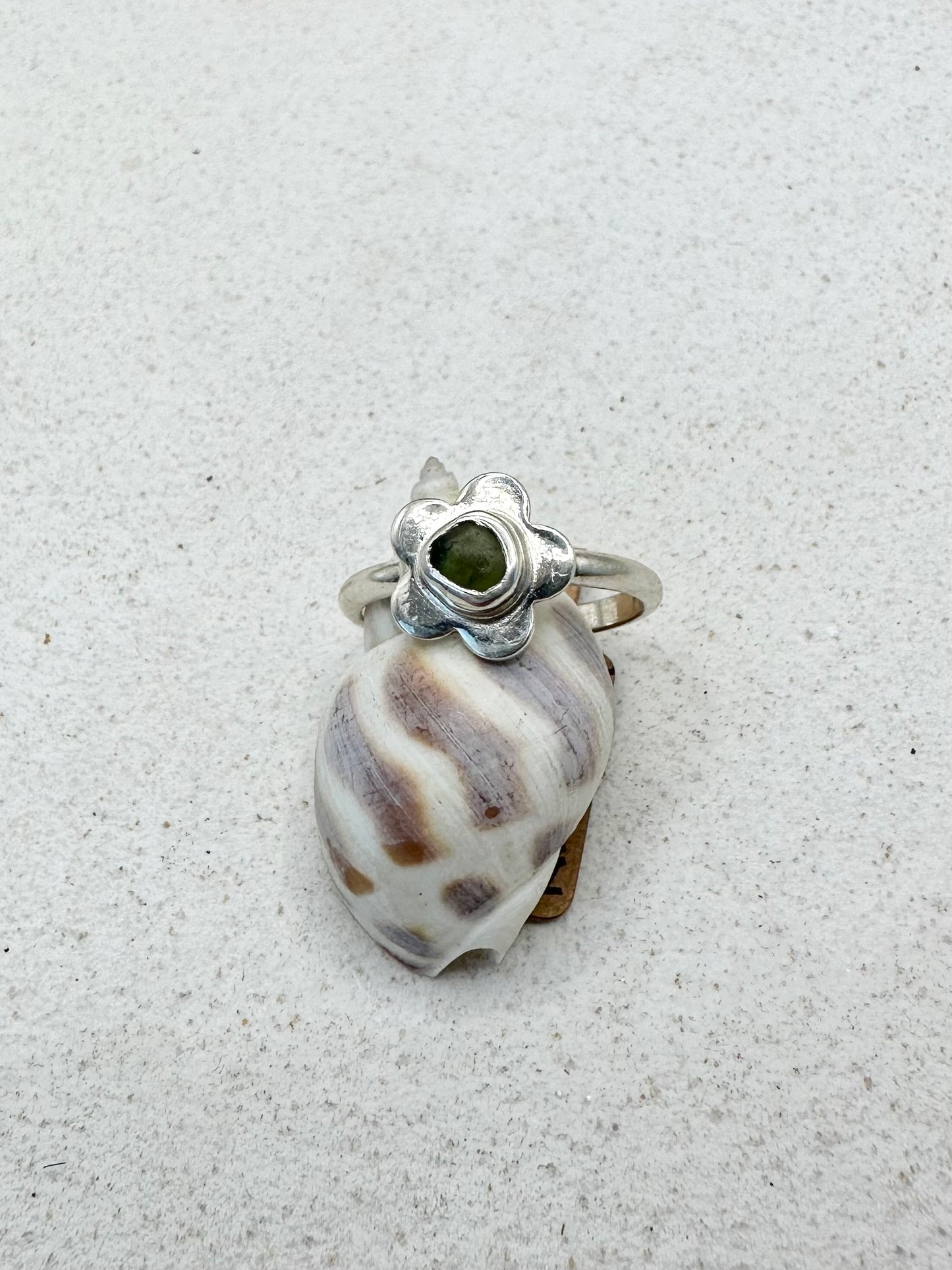 Green Seaglass Flower Ring Silver