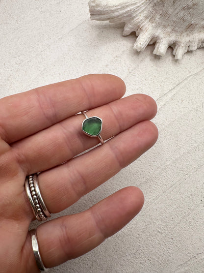 Silver Seaglass Ring in Deep Teal