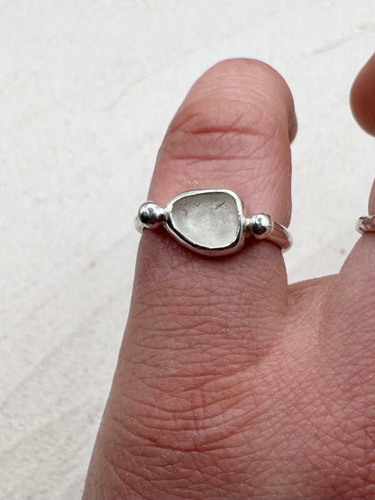 Silver Seaglass Ring in White