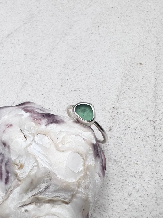 Teal Seaglass Ring Silver