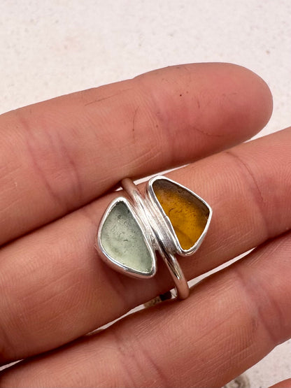 Blue & Amber Seaglass Ring Silver
