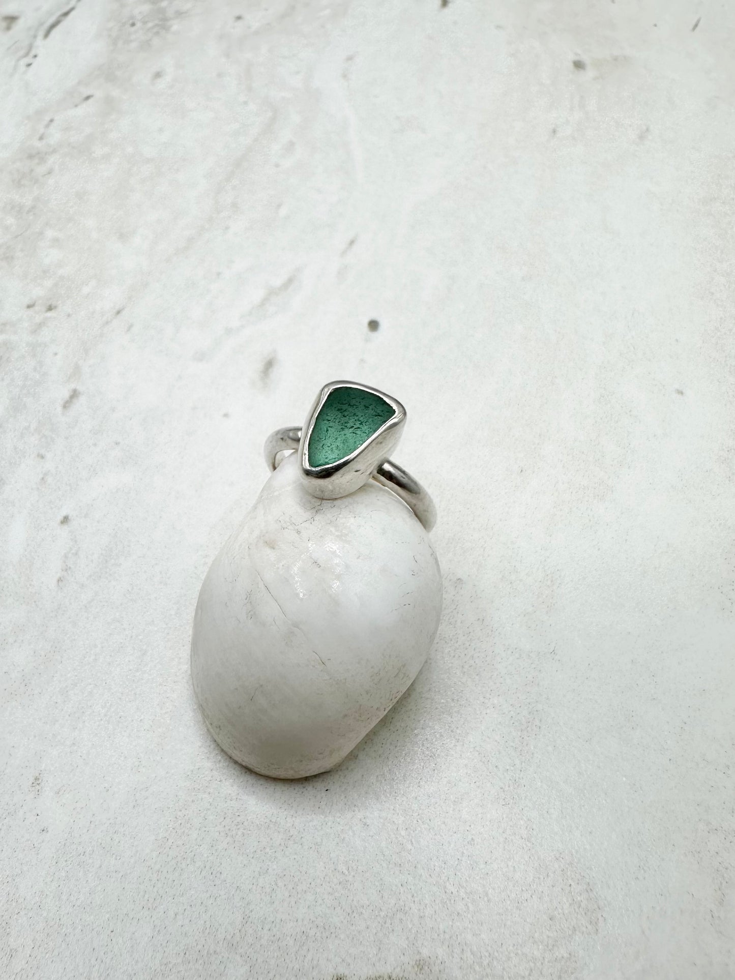 Teal Seaglass Ring Silver - H