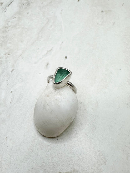 Teal Seaglass Ring Silver - H