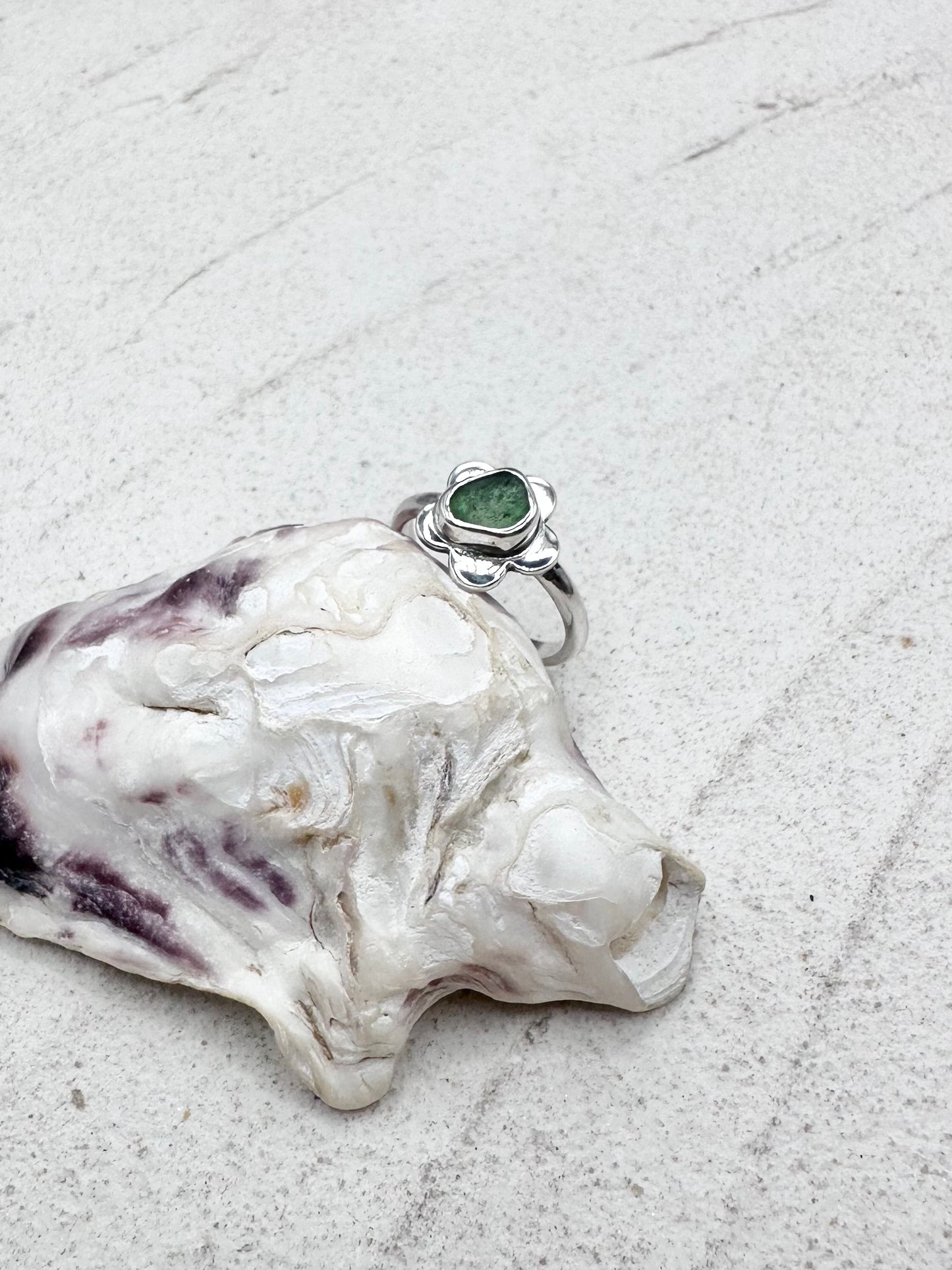 Green Seaglass Flower Ring Silver