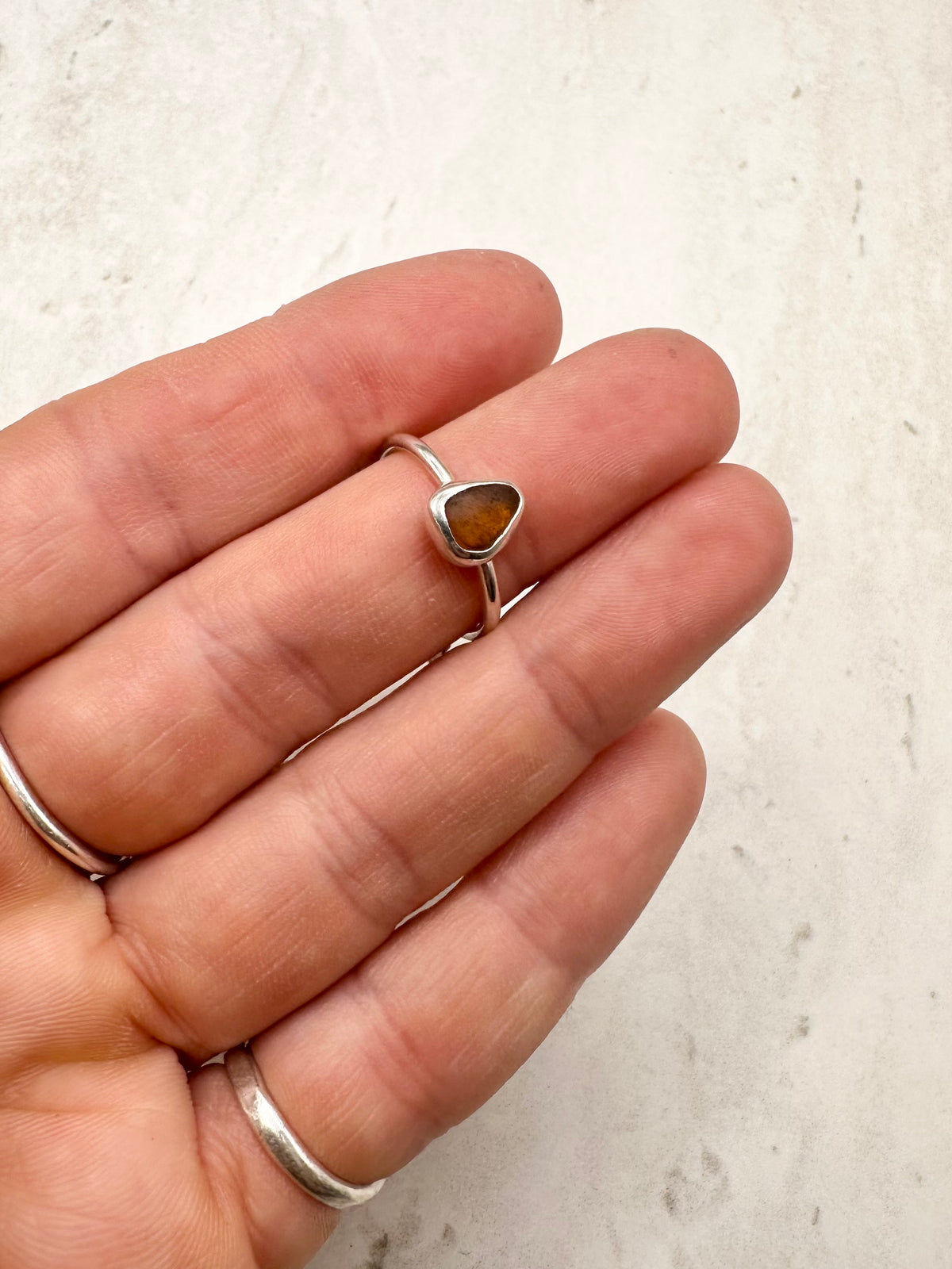 Amber Seaglass Ring Silver - L