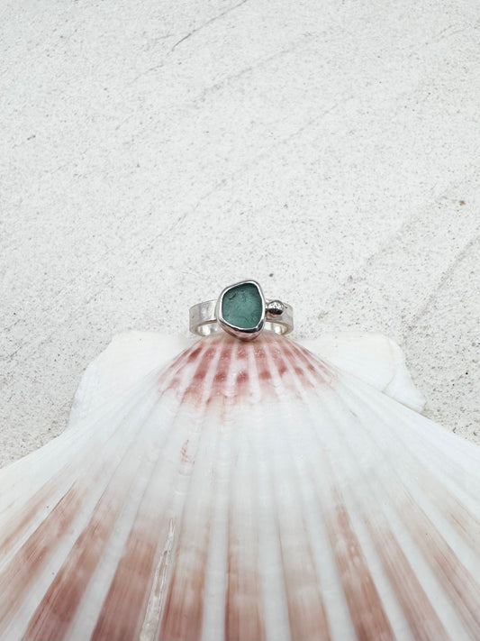 Teal Seaglass Ring Silver