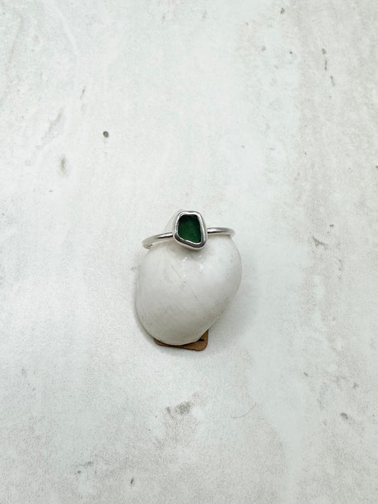 Teal Seaglass Ring in Silver - O