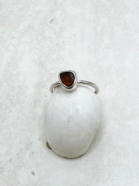 Amber Seaglass Ring Silver - L