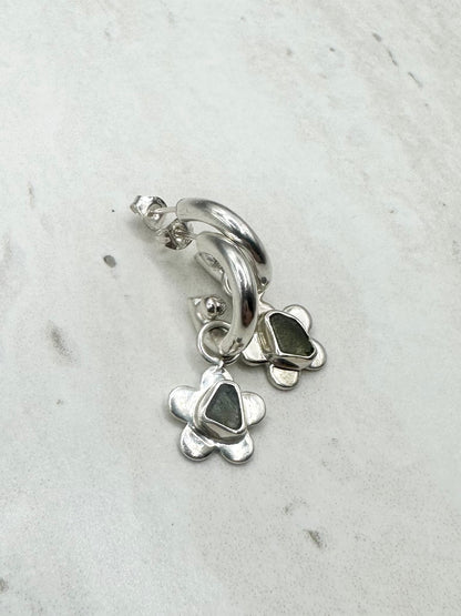 Green Seaglass Flower Charms Silver