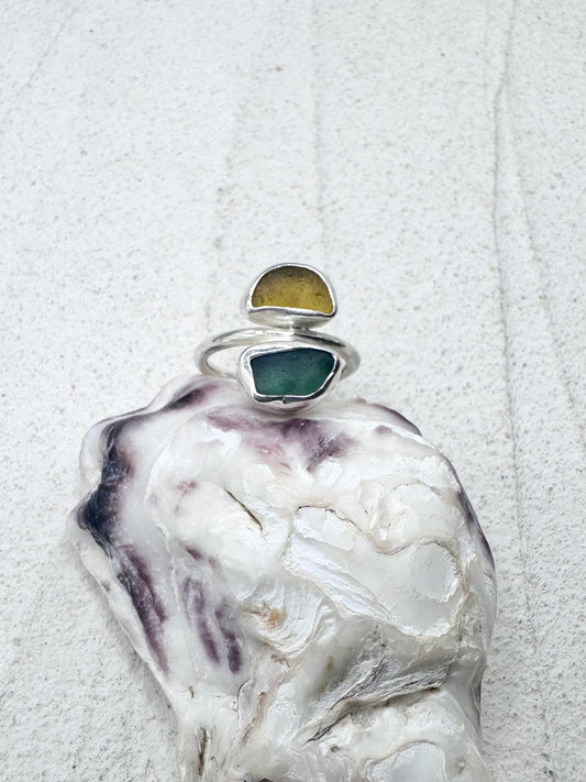 Teal & Yellow Seaglass Ring Silver