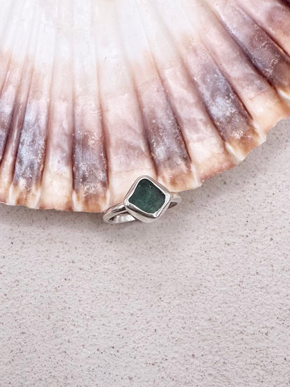 Teal Seaglass Ring Silver