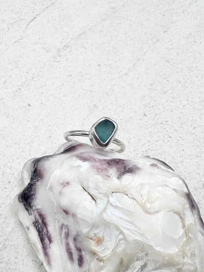 Teal Seaglass Ring Silver